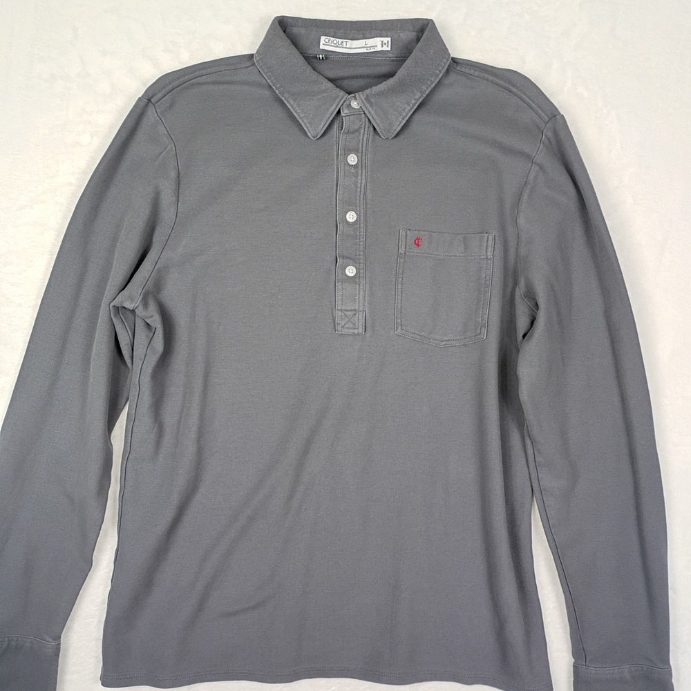 Criquet Mens Long Sleeve Players Polo Shirt Grey Slim Fit‎ Large Pique Knit